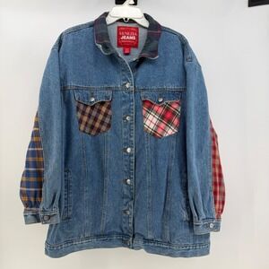 VTG 90 Venezia Jean Jacket Women 18/20 Blue Patchwork Plaid Flannel Denim Grunge